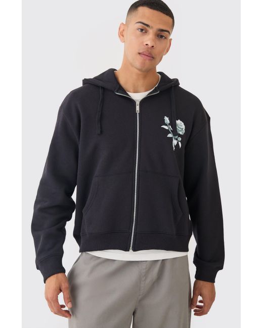BoohooMAN Blue Oversized Boxy Zip Through Rose Embroidered Hoodie for men