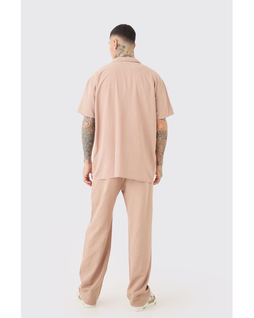 BoohooMAN Tall Elasticated Waist Relaxed Linen Trouser In Taupe in Natural für Herren