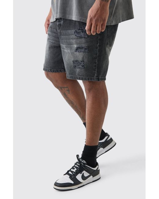 BoohooMAN Plus Slim Fit Distressed Denim Shorts In Washed Black for men