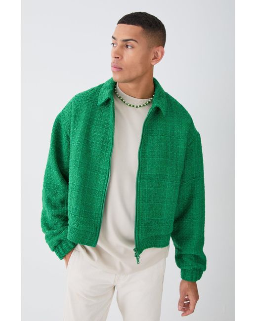 BoohooMAN Green Oversized Boxy Boucle Zip Through Jacket for men