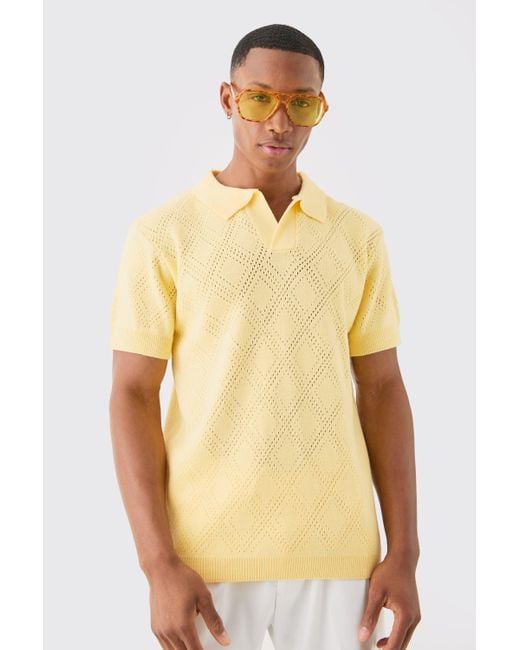 BoohooMAN Regular Fit Revere Open Stitch Polo In Yellow for men