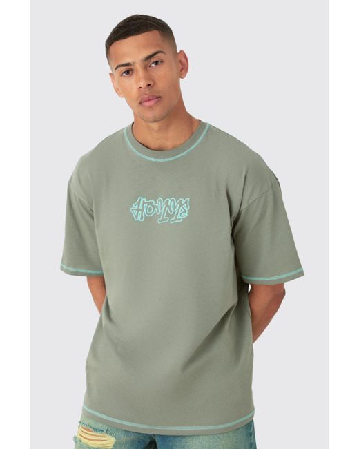 BoohooMAN Oversized Contrast Stitch Applique T-shirt in Green für Herren