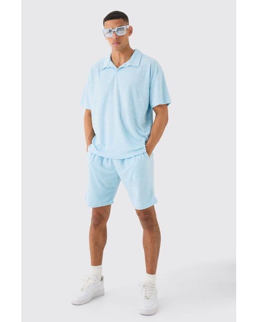 BoohooMAN Blue Oversized Revere Towelling Polo & Shorts Set for men