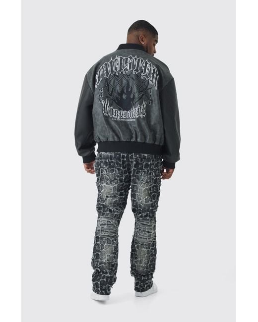 BoohooMAN Black Plus Extreme Patchwork Double Layered Flared Jeans for men