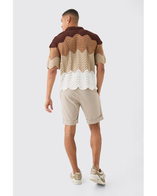 BoohooMAN Brown Oversized Boxy Ombre Crotchet Polo for men