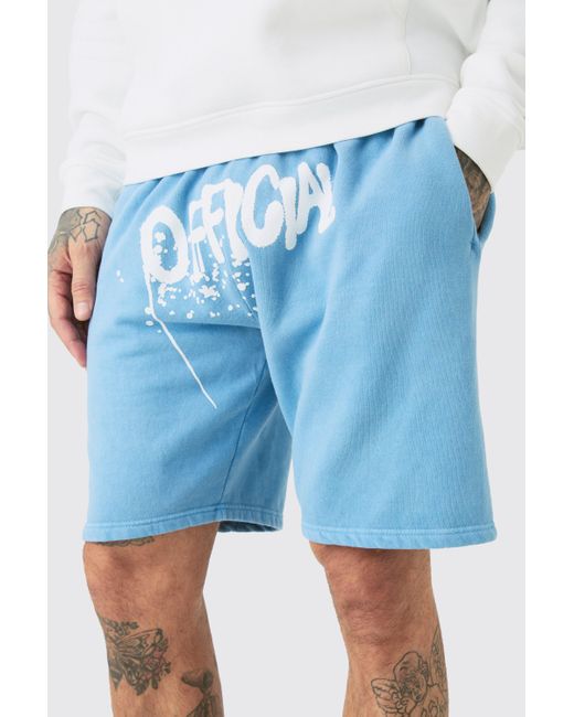 BoohooMAN Blue Tall Loose Fit Overdye Official Graffiti Jersey Shorts for men