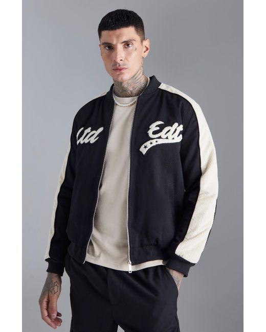 BoohooMAN Gray Cord & Twill Varsity Jacket With Badges for men