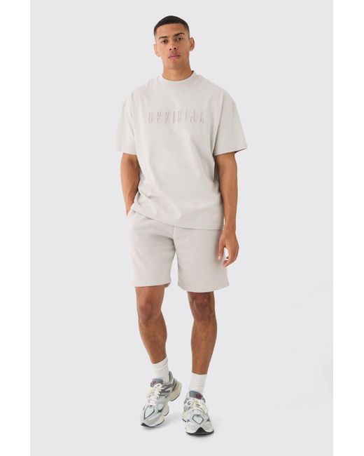 BoohooMAN White Oversized Extended Neck Official Embossed T-shirt & Short Set for men