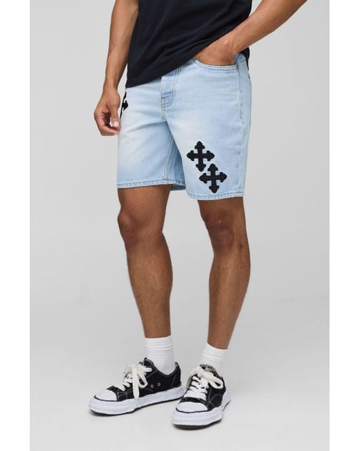 BoohooMAN Men's Blue Slim Fit Washed Cross Embroidered Denim Shorts