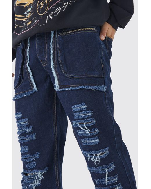 BoohooMAN Lockere zerrissene Jeans mit Cargo-Taschen in Blue für Herren