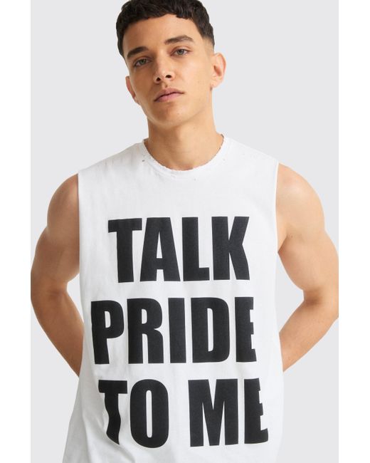 BoohooMAN White Boxy Talk Pride To Me Distressed Tank for men