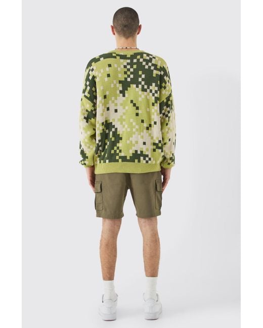 BoohooMAN Green Elastic Waist Khaki Skinny Fit Cargo Shorts for men