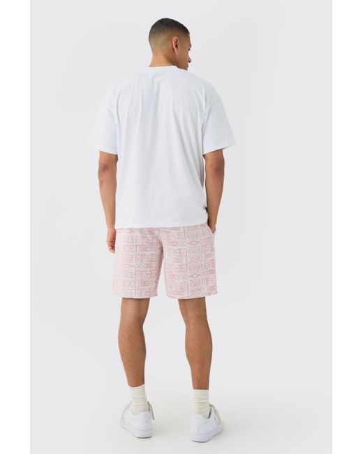Boohoo White Oversized Extended Neck T-shirt And Jacquard Shorts Set