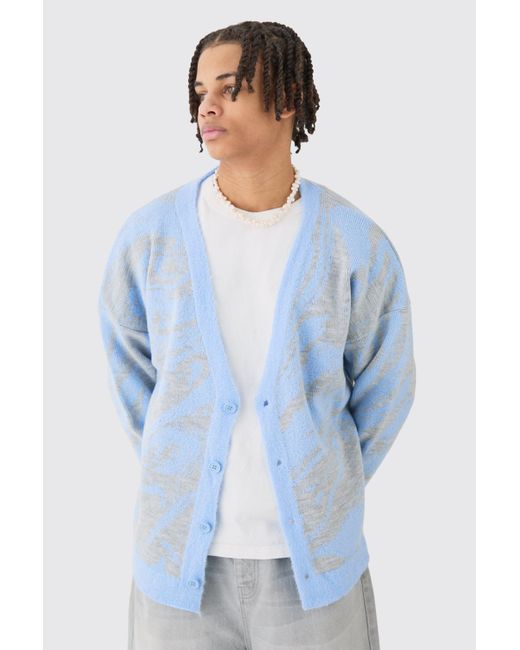 BoohooMAN Blue Boxy Oversized Brushed Abstract All Over Jacquard Cardigan for men