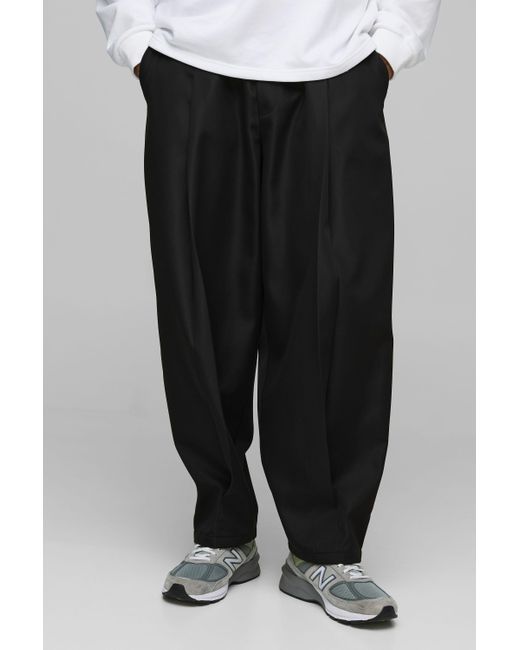 BoohooMAN Black Elasticated Waist Balloon Fit Pleated Front Trousers for men