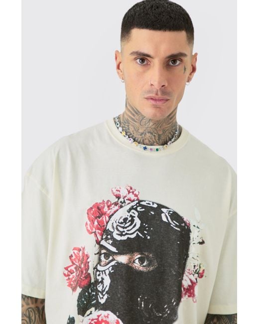 BoohooMAN Multicolor Tall Oversized Floral Balaclava Print T-shirt In Ecru for men