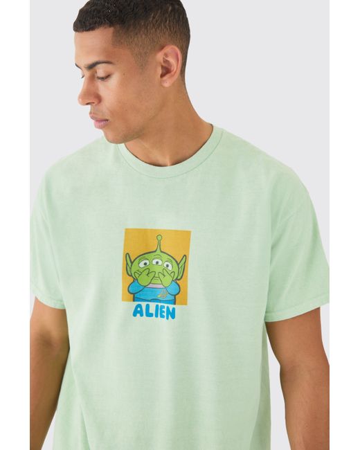 BoohooMAN Green Oversized Toy Story Disney License Wash T-shirt for men