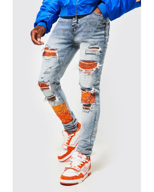 BoohooMAN Denim Skinny Stacked Paisley Patch Biker Jeans in Blue for