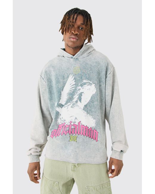 BoohooMAN Gray Tall Oversized Boxy Acid Wash Dove Graphic Hoodie for men