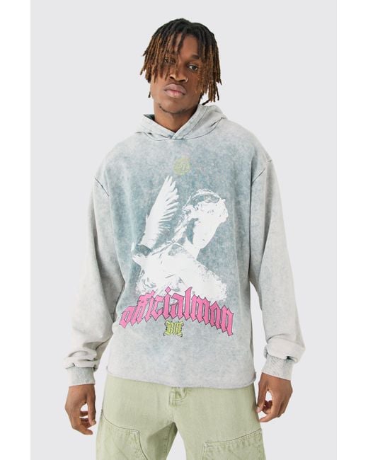 BoohooMAN Gray Tall Oversized Boxy Acid Wash Dove Graphic Hoodie for men