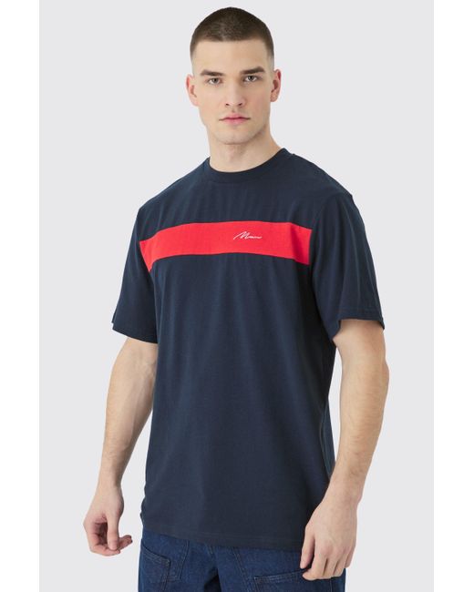 BoohooMAN Blue Tall Regular Fit Colour Block Script T-shirt In Navy for men