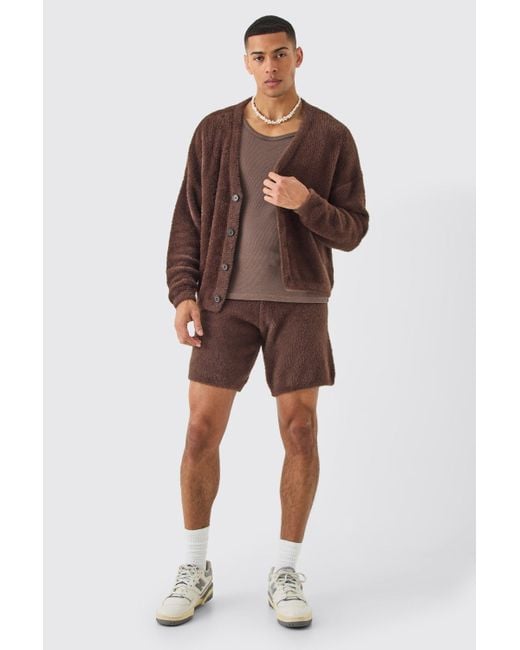 BoohooMAN Fluffy Knit Cardigan In Brown for men