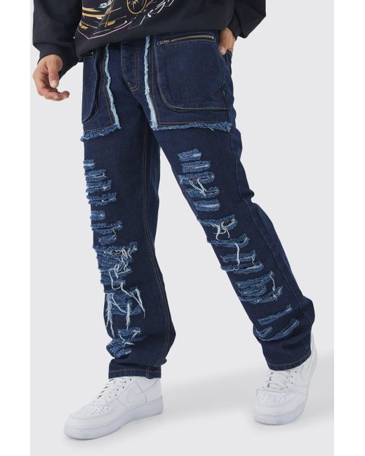 BoohooMAN Blue Relaxed Rigid Distressed Ripped Cargo Pocket Jean for men