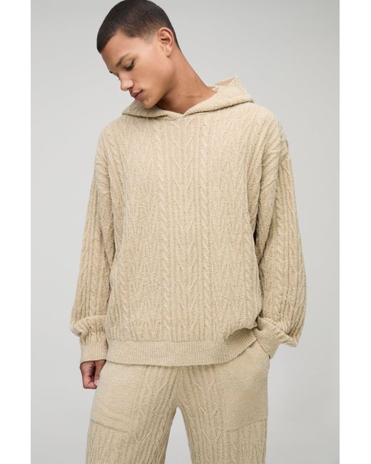 BoohooMAN Natural Oversized Boxy Boucle Mixed Cable Knitted Hooded Tracksuit for men