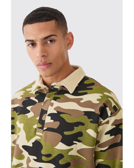 BoohooMAN Green Oversized Camo Rugby Polo for men