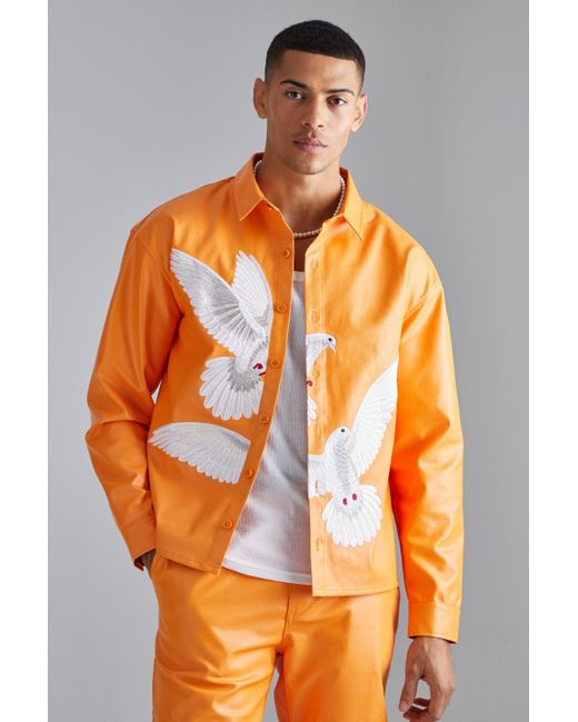 BoohooMAN Orange Pu Long Sleeve Boxy Embroidered Overshirt for men