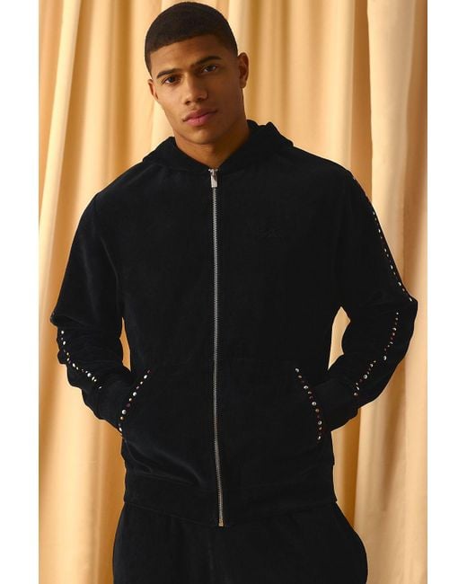 BoohooMAN Black Regular Fit Ribbed Velour Embellished Zip Through Hoodie for men