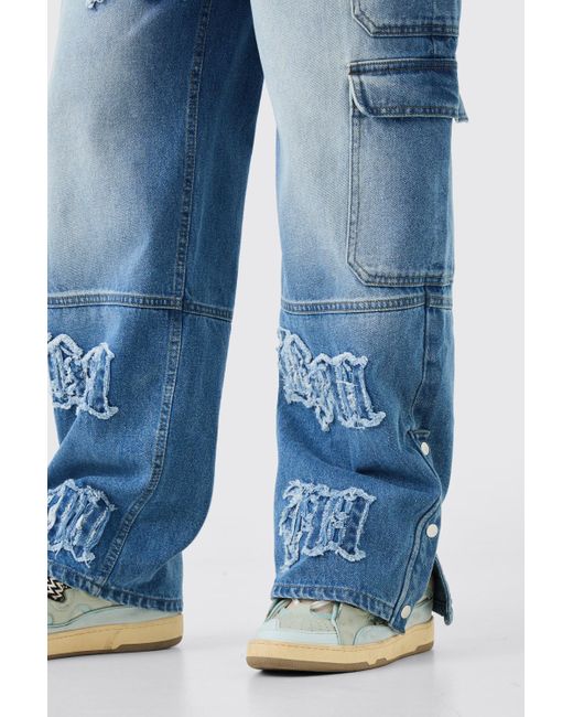 BoohooMAN Tall Baggy Rigid Bm Applique Multi Pocket Cargo Jeans in Blue für Herren