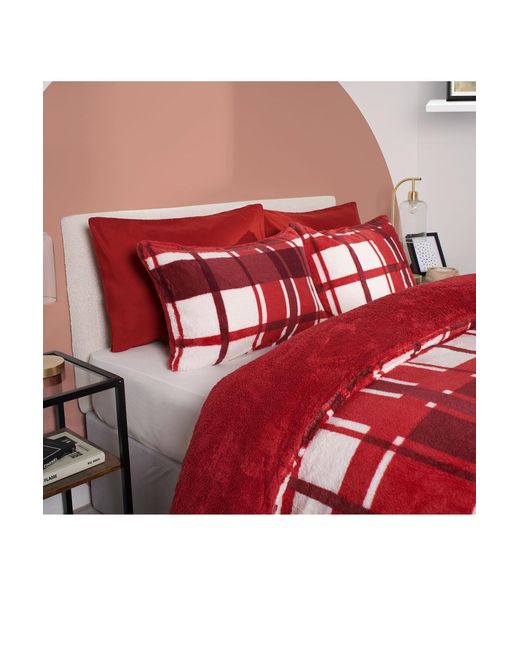 BoohooMAN Red Ohs Teddy Fleece Duvet Cover Set Pillowcase Bedding Check for men