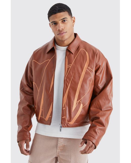BoohooMAN Brown Boxy Pu Contrast Embroidery Bomber for men