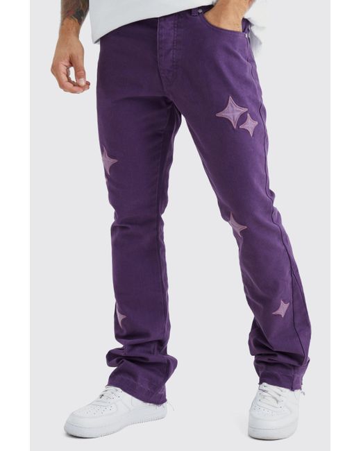 BoohooMAN Purple Fixed Waist Slim Flare Gusset Applique Trouser for men