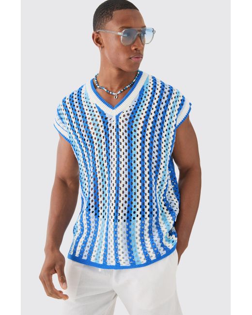 BoohooMAN Blue Boxy Oversized Open Stitch V Neck Stripe Sweater Vest for men