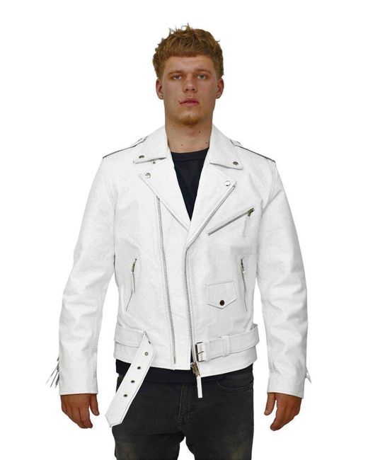 BoohooMAN White Infinity Leather Fringe Hide Leather Biker Jacket- Tokyo for men