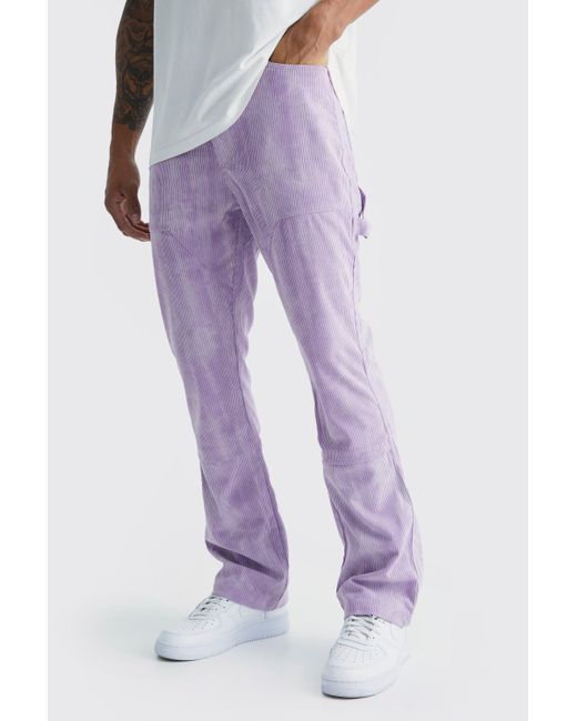 BoohooMAN Purple Fixed Waist Slim Flare Tie Dye Corduroy Trouser for men