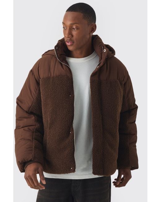 BoohooMAN Brown Borg And Nylon Padded Coat With Detachable Hood In Chocolate for men