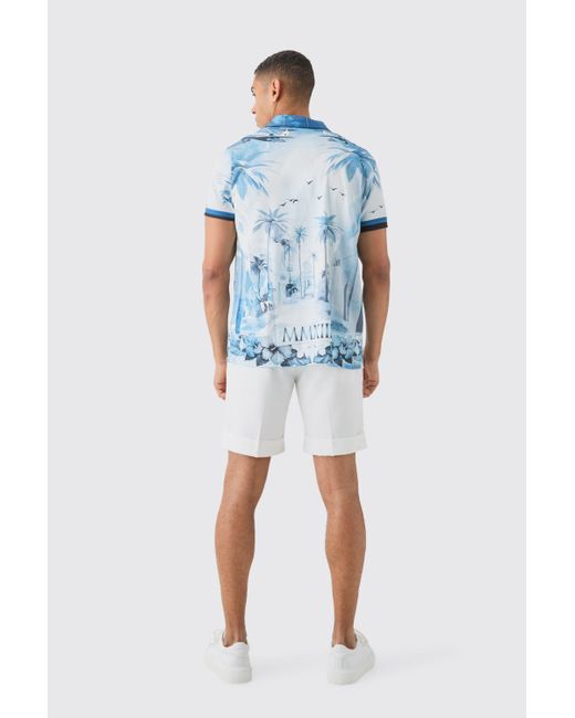 BoohooMAN Blue Regular Revere Palm Short Sleeve Shirt for men