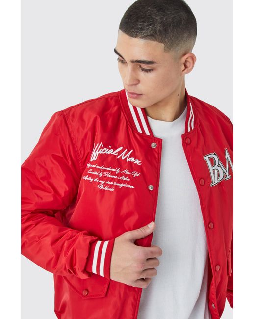BoohooMAN Red Nylon Varsity Jacket With Badges for men
