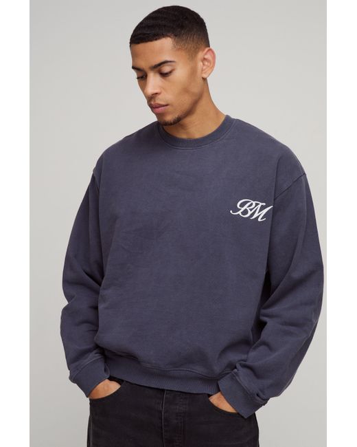 BoohooMAN Blue Oversized Boxy Washed Bm Logo Distressed Sweatshirt for men