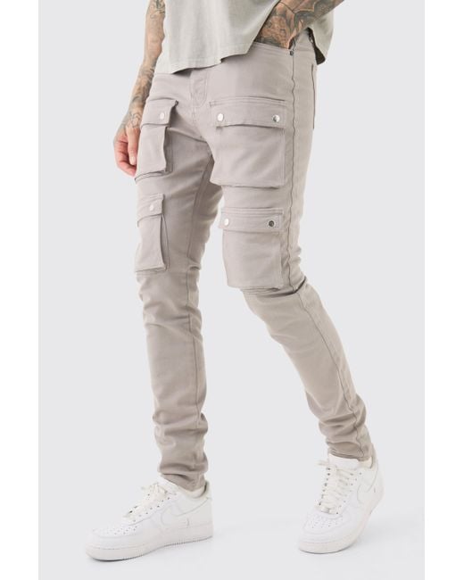 BoohooMAN Natural Tall Fixed Waist Skinny Multi Cargo Pocket Pants for men