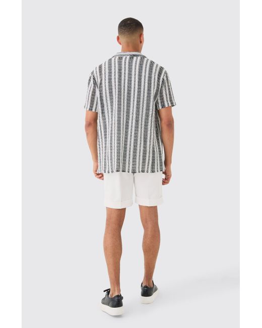 BoohooMAN White Short Sleeve Revere Oversized Open Knit Stripe Shirt for men