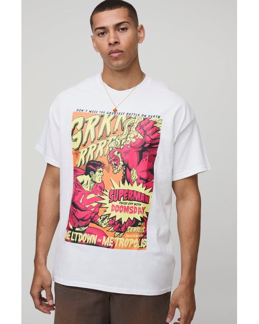 BoohooMAN Gray Oversized Superman Doomsday License T-Shirt for men