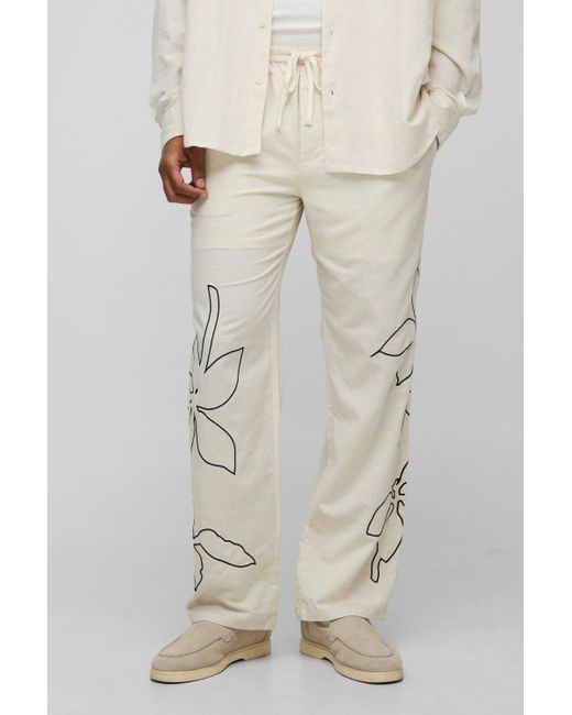 Boohoo Natural Elasticated Waist Relaxed Fit Embroidery Linen Blend Pants