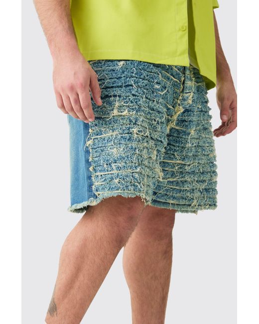 BoohooMAN Blue Plus Relaxed All Over Distressed Denim Shorts for men