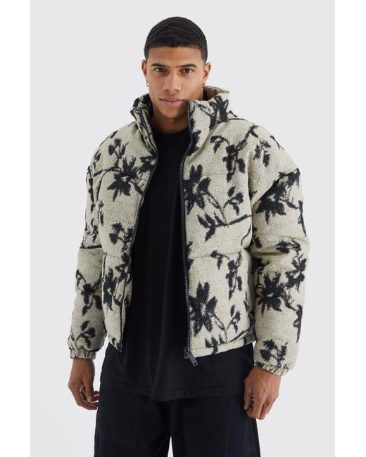 BoohooMAN Black Boxy Funnel Neck Floral Jacquard Puffer for men