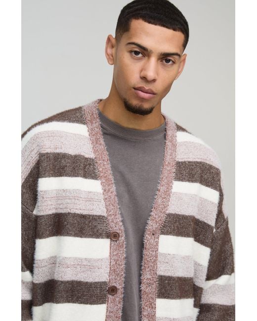 BoohooMAN Gray Oversized Dropped Shoulder Brushed Stripe Knitted Cardigan for men