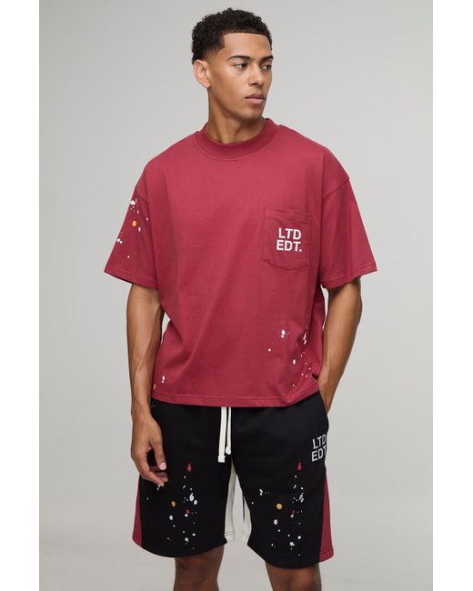 BoohooMAN Men's Red Oversized Boxy Ltd Etd Paint Splatter T-Shirt - Main Image